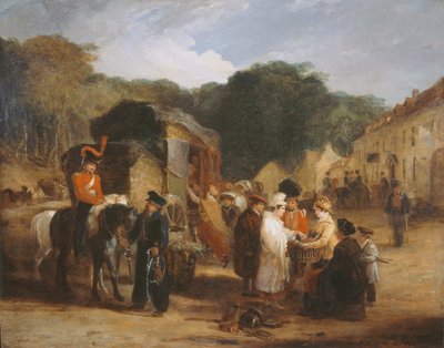 Het Dorp Waterloo, met reizigers die relikwieën kopen die op het slagveld zijn gevonden, 1815, c.1821 door George Jones